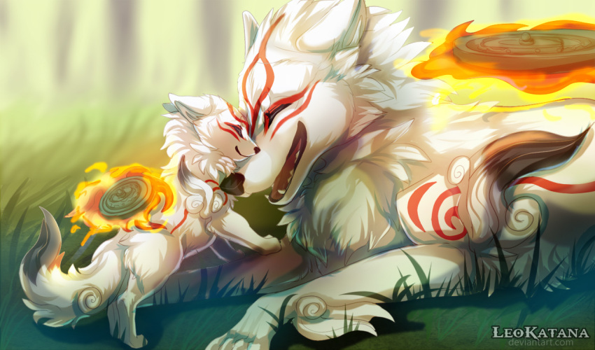 affectionate amaterasu_(ookami) animal_focus artist_name blurry blurry_background chibiterasu closed_eyes closed_mouth commentary dog english_commentary fire grass happy leokatana lying mother_and_son no_humans nuzzle on_grass on_ground on_stomach ookami_(game) open_mouth outdoors parent_and_child puppy reflector_(ookami) sharp_teeth size_difference smile teeth tongue white_wolf wolf