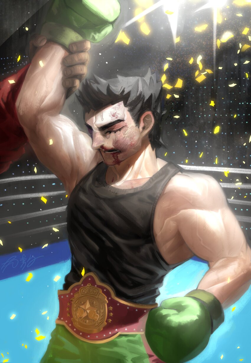 2boys belt blood boxing_gloves boxing_ring bruise championship_belt closed_eyes confetti cowboy_shot crying dancho_no_mori dark-skinned_male dark_skin doc_louis injury little_mac male_focus multiple_boys muscular muscular_male nintendo nosebleed out_of_frame punch-out!! shorts tank_top tears