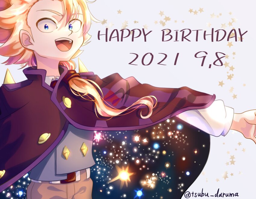 1boy beyblade beyblade:_burst blonde_hair blue_eyes blue_vest capelet commentary_request cowboy_shot dated hair_between_eyes happy_birthday highres komurasaki_wakiya looking_at_viewer male_focus open_mouth ponytail solo sparkle teeth tsubu_daruma twitter_username upper_teeth_only vest