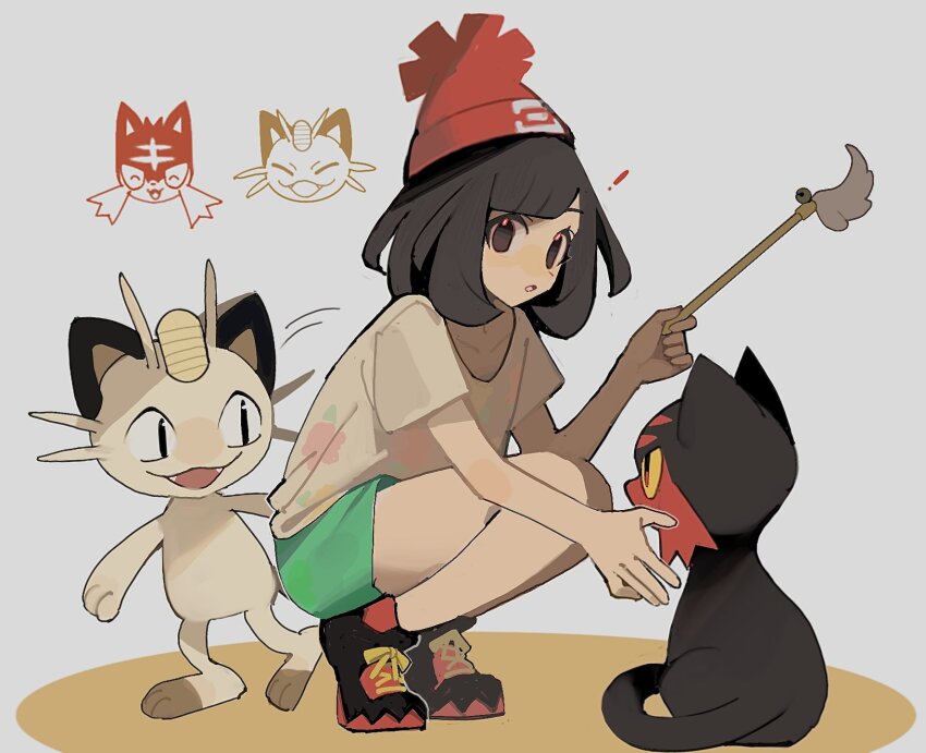 1girl 950magi618 beanie black_hair cat_teaser gen_1_pokemon gen_7_pokemon green_shorts hat highres holding litten looking_at_viewer meowth nintendo open_mouth pokemon pokemon_(creature) pokemon_sm red_hat selene_(pokemon) shirt short_hair short_sleeves shorts t-shirt yellow_shirt