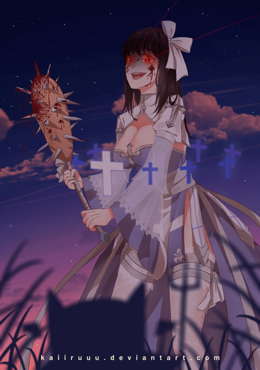 1girl arch_bishop_(ragnarok_online) blood bloody_weapon blue_dress blue_sky bow breasts brown_hair cleavage cleavage_cutout clothing_cutout cloud club club_(weapon) commentary cross deviruchi dress english_commentary eye_trail feet_out_of_frame fishnet_thighhighs fishnets frilled_thighhighs frills grass grey_sash hair_bow highres juliet_sleeves kaiiruuu large_breasts light_trail long_hair long_sleeves looking_at_viewer night nosebleed open_mouth outdoors puffy_sleeves ragnarok_online red_eyes shaded_face sky smile solo spiked_club star_(sky) starry_sky sunset thighhighs two-tone_dress weapon white_bow white_dress white_thighhighs