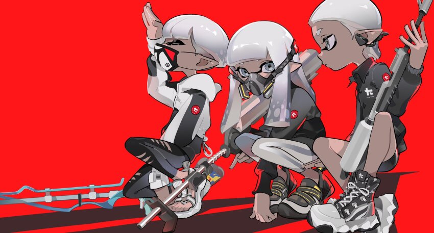 1boy 1girl 1other arm_between_legs backlighting blunt_bangs bowl_cut eyeshadow gas_mask grey_eyeshadow grey_hair highres invisible jiuniaoshan long_shadow looking_at_viewer makeup mask mouth_mask nintendo profile red_background sitting splat_charger_(splatoon) splatoon_(series) spot_color squatting squiffer_(splatoon) tan undercut