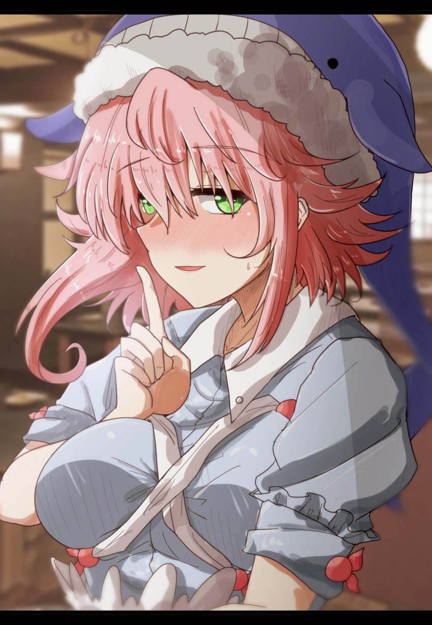 1girl blue_hat blue_shirt blush commentary_request cross-laced_clothes finger_to_mouth green_eyes hat highres looking_at_viewer medium_hair nose_blush okunoda_miyoi oshiaki parted_lips pink_hair shirt shushing sleeves_rolled_up solo touhou