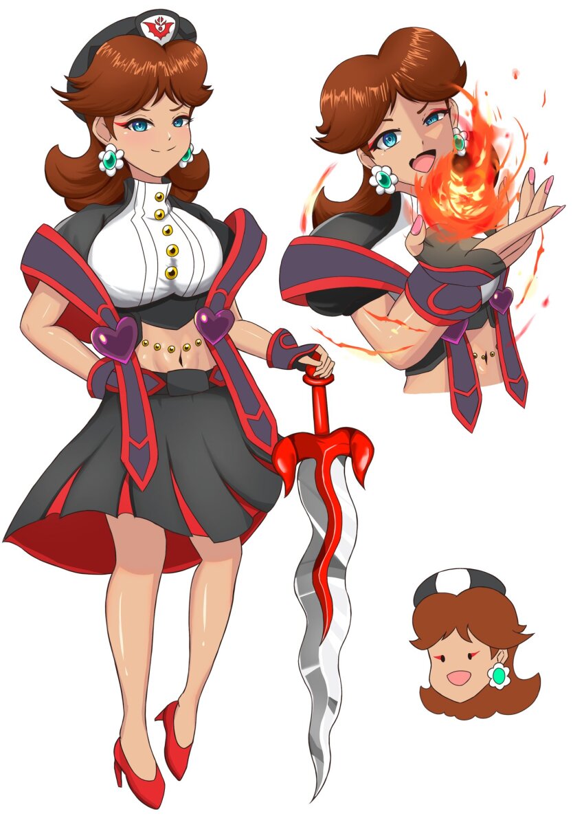 1girl arm_behind_back beret blue_eyes blush breasts brown_hair cosplay dark_skin earrings enuzemu_mldre fang fingerless_gloves fire flamberge_(kirby) flamberge_(kirby)_(cosplay) gloves hat high_heels jewelry kirby:_star_allies kirby_(series) large_breasts mario_(series) medium_hair midriff navel nintendo open_mouth princess_daisy skirt smile solo super_mario_land sword weapon
