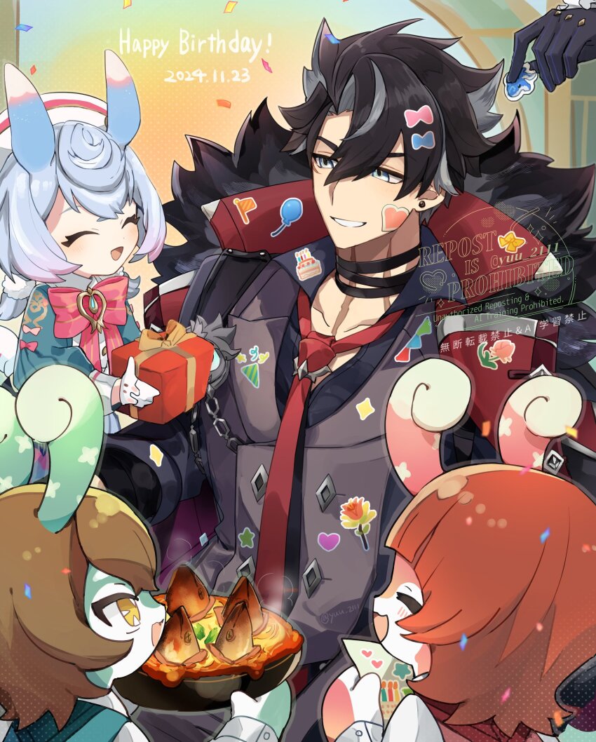 2boys 3girls :d ^_^ animal_ears apron aqua_shirt artist_name bandaged_arm bandaged_neck bandages birthday black_hair black_shirt blue_eyes blue_gloves blue_hair blush bow bowtie box brooch brown_hair buttons chain closed_eyes coat coat_on_shoulders collared_shirt commentary_request confetti crossed_bangs dated double-breasted earrings facial_scar food frilled_sleeves frills fur-trimmed_coat fur_trim genshin_impact gift gift_box gloves gradient_hair grey_hair grey_vest grin hair_between_eyes hair_ornament hands_up happy happy_birthday hat heart heart_sticker highres holding holding_gift holding_paper jewelry lapels long_sleeves looking_at_another low_twintails medium_hair melusine_(genshin_impact) multicolored_hair multiple_boys multiple_girls necktie neuvillette_(genshin_impact) nurse_cap open_mouth paper parted_bangs parted_lips pie pink_bow pom_pom_(clothes) pom_pom_hair_ornament puffy_long_sleeves puffy_sleeves purple_hair red_bow red_bowtie red_hair red_necktie scar scar_on_cheek scar_on_face scar_on_neck shirt short_hair short_sleeves sidelocks sigewinne_(genshin_impact) smile star_(symbol) star_sticker stargazy_pie steam sticker sticker_on_clothes sticker_on_face streaked_hair stud_earrings tail twintails twitter_username two-sided_coat two-sided_fabric vest watermark white_apron white_gloves white_hat white_shirt wriothesley_(genshin_impact) yellow_eyes yuu_(areruya)