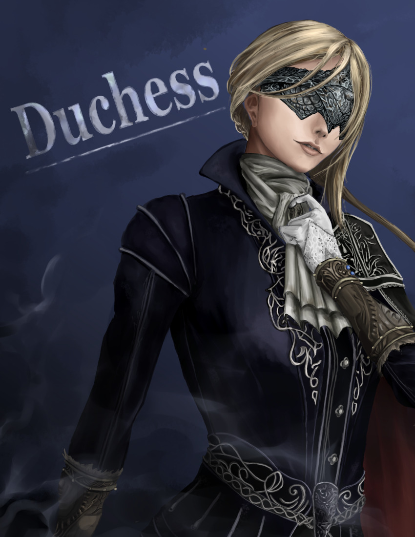 1girl absurdres ascot blonde_hair blue_jacket character_name duchess_(elden_ring) elden_ring elden_ring_nightreign eye_mask gloves highres jacket lips long_sleeves nose painapo0731 solo upper_body white_ascot white_gloves