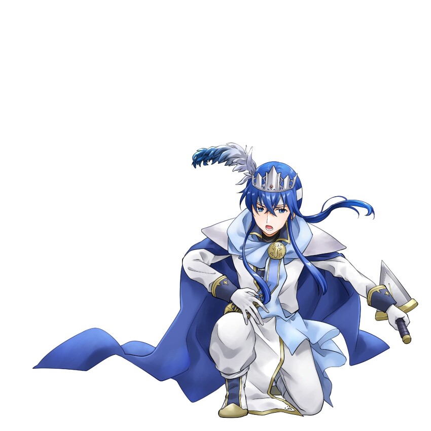 1boy armor blue_cape blue_hair boots cape commission commissioner_upload dagger fire_emblem fire_emblem:_genealogy_of_the_holy_war hat_feather headband highres holding holding_dagger holding_knife holding_weapon kneeling knife midori_no_baku nintendo official_alternate_costume ponytail reverse_grip sash seliph_(fire_emblem) seliph_(scion)_(fire_emblem) sidelocks skeb_commission solo sparkle tiara waist_cape weapon white_background white_headband