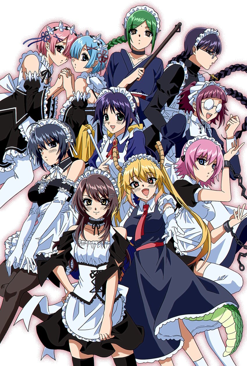 2000s_(style) 6+girls :&lt; :o ahoge andou_mahoro android apron ayuzawa_misaki black_dress black_eyes black_hair black_lagoon black_pantyhose black_ribbon black_thighhighs blonde_hair blue_dress blue_eyes blue_hair blush braid breasts brown_eyes brown_hair chain choker closed_mouth collar collared_dress cross cross_necklace crossover detached_collar detached_sleeves dragon_horns dragon_tail dress elbow_gloves empty_eyes fairy_tail floating_hair frilled_choker frilled_collar frilled_headwear frills gintama glasses gloves green_eyes green_hair hair_between_eyes hair_ornament hair_over_one_eye hairclip halftone hand_on_own_hip highres holding horns interlocked_fingers jewelry juliet_sleeves kaichou_wa_maid-sama! kobayashi-san_chi_no_maidragon kore_ga_watashi_no_goshujin-sama kuroshitsuji large_breasts long_dress long_hair long_sleeves looking_at_viewer mahoromatic maid maid_apron maid_headdress medium_breasts medium_hair meirin_(kuroshitsuji) mop multiple_crossover multiple_girls neck_ribbon necklace opaque_glasses open_mouth outfit_connection pantyhose pink_eyes pink_hair ponytail puffy_sleeves purple_hair rain_bw_d ram_(re:zero) re:zero_kara_hajimeru_isekai_seikatsu reaching reaching_towards_viewer rem_(re:zero) ribbon roberta_(black_lagoon) sawatari_izumi short_dress short_hair sidelocks single_braid slit_pupils small_breasts smile tail tama_(gintama) thighhighs tohru_(maidragon) trait_connection turtleneck turtleneck_dress twin_braids twintails virgo_(fairy_tail) wa_maid white_background white_collar white_pantyhose white_ribbon white_thighhighs x_hair_ornament