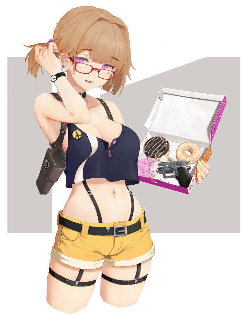 1girl absurdres adjusting_hair bare_shoulders belt belt_buckle black_belt breasts brown_hair buckle choker cleavage cowboy_shot donut earrings food girls&#039;_frontline glasses greentree grizzly_mkv_(girls&#039;_frontline) grizzly_mkv_(weekend_cop)_(girls&#039;_frontline) gun handgun highres holster jewelry l.a.r._manufacturing lar_grizzly_win_mag large_breasts looking_at_viewer midriff navel official_alternate_costume pastry_box peace_symbol pink_eyes ponytail red-framed_eyewear short_hair short_shorts shorts shoulder_holster simple_background smile solo strap tank_top watch weapon white_background wristwatch yellow_shorts
