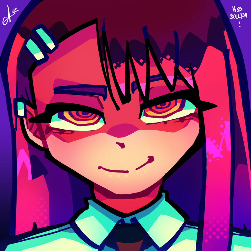 1girl alpharecdyt brown_hair chainsaw_man commentary cosplay earclip hair_ornament hairclip highres ijiranaide_nagatoro-san makima_(chainsaw_man) makima_(chainsaw_man)_(cosplay) multicolored_hair nagatoro_hayase necktie orange_eyes portrait purple_hair red_hair ringed_eyes signature smile solo