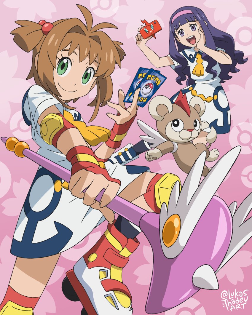 2girls absurdres alternate_color black_hair blunt_bangs brown_hair cardcaptor_sakura chloe_(pokemon) chloe_(pokemon)_(cosplay) cosplay daidouji_tomoyo dress fuuin_no_tsue gen_4_pokemon gen_6_pokemon green_eyes hairband highres holding kinomoto_sakura litleo long_hair looking_at_viewer lukas_thadeu multiple_girls nintendo open_mouth pokemon pokemon_(anime) pokemon_(creature) pokemon_card pokemon_journeys pokemon_tcg purple_eyes roller_skates rotom rotom_phone school_uniform shiny_pokemon shirt short_hair short_sleeves skates smile socks tomoeda_middle_school_uniform tongue trading_card