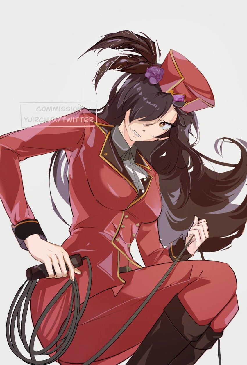 1boy androgynous black_hair boots breasts brown_eyes flower gloves hair_between_eyes hair_flower hair_ornament hair_over_one_eye hat highres knee_boots large_breasts long_hair military_hat military_uniform natsuki_subaru natsumi_schwarz re:zero_kara_hajimeru_isekai_seikatsu riin(yjirch) thick_thighs thighs trap whip white_gloves