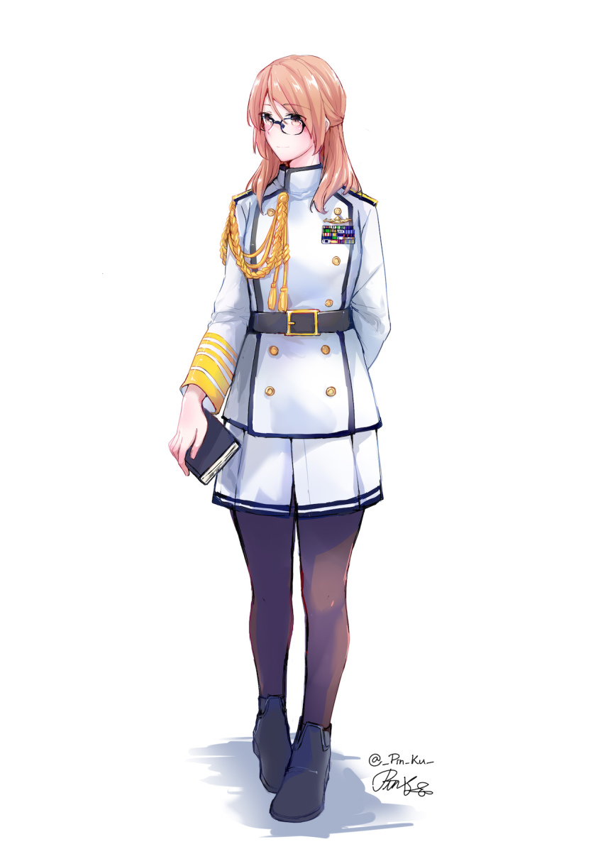 1girl aiguillette black-framed_eyewear black_pantyhose book brown_eyes brown_hair epaulettes female_admiral_(kancolle) full_body glasses highres holding holding_book kantai_collection long_hair long_sleeves military military_uniform naval_uniform pantyhose pin.s skirt solo standing white_skirt