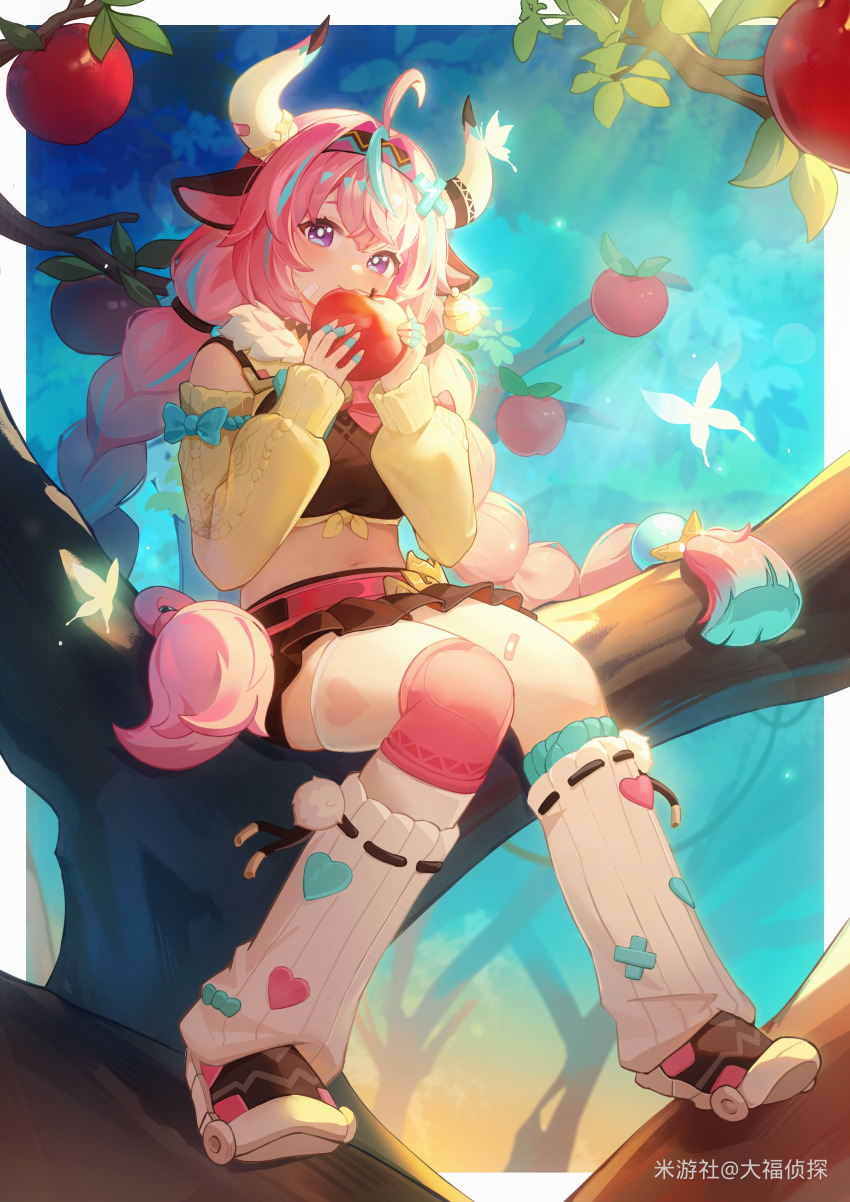 1girl absurdres ahoge animal_ears apple aqua_hair belt black_shorts black_skirt blue_eyes blush bow braid branch bug butterfly cow_ears cow_horns crop_top dafu_zhentan eating food fruit full_body genshin_impact hairband heart highres holding holding_food holding_fruit horns in_tree insect kneehighs leg_warmers long_hair long_sleeves looking_at_viewer midriff miyoushe_watermark multicolored_eyes multicolored_hair nail_polish navel pink_hair purple_eyes shirt shorts sitting sitting_in_tree skirt socks solo streaked_hair thighhighs tree twin_braids varesa_(genshin_impact) very_long_hair watermark