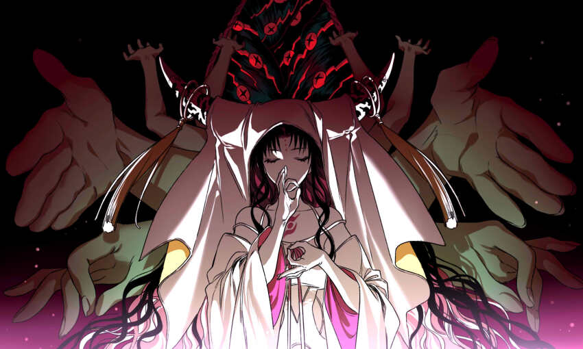 1girl black_hair black_horns breasts camisole chest_tattoo closed_eyes commentary covered_mouth demon_pillar_(fate) detached_sleeves disembodied_hand easel_(dam0628) eyeball facial_mark facing_viewer fate/grand_order fate_(series) forehead_mark forehead_tattoo hands_up highres horn_ornament horn_ring horns long_hair long_sleeves medium_breasts mudra multicolored_hair multicolored_horns parted_bangs pink_hair pink_horns pink_ribbon ribbon sessyoin_kiara sessyoin_kiara_(heaven&#039;s_hole) sessyoin_kiara_(third_ascension) solo_focus spaghetti_strap streaked_hair tassel tattoo two-tone_horns veil very_long_hair vitarka_mudra wavy_hair white_camisole white_sleeves white_veil wide_sleeves