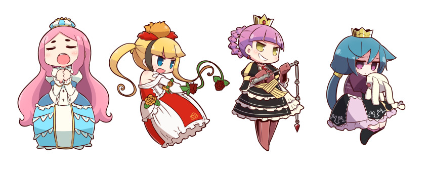 4girls 7th_dragon 7th_dragon_(series) :d :o alusha_(7th_dragon) black_dress black_footwear black_hairband blonde_hair blue_dress blue_eyes blue_hair blunt_bangs blush boots brown_eyes brown_footwear brown_gloves closed_mouth crown dress elbow_gloves flower gloves grin hair_between_eyes hairband hands_up hat highres holding holding_whip hugging_object juliet_sleeves knee_boots long_hair long_sleeves low_ponytail maron_(7th_dragon) mini_crown mini_hat momomeno_(7th_dragon) multiple_girls naga_u off_shoulder open_mouth own_hands_together pink_hair pink_skirt ponytail princess_(7th_dragon) puffy_short_sleeves puffy_sleeves purple_eyes purple_shirt red_flower red_rose red_shirt rose shirt short_eyebrows short_sleeves simple_background skirt smile sora_(7th_dragon) stuffed_animal stuffed_rabbit stuffed_toy thick_eyebrows very_long_hair whip white_background white_gloves white_skirt