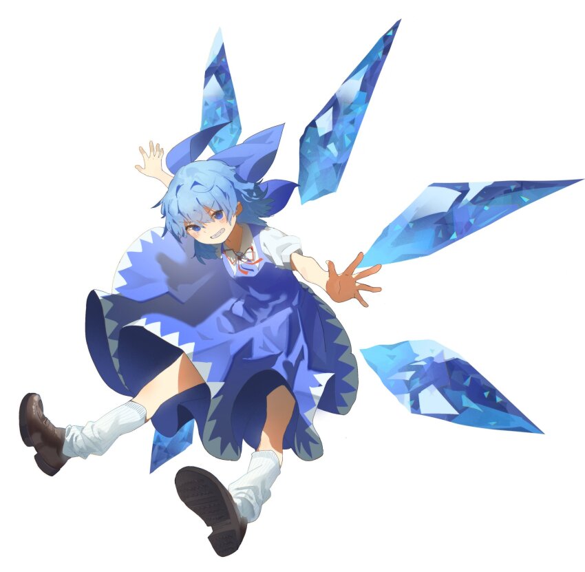 1girl ankle_socks blue_bow blue_dress blue_eyes blue_hair blue_wings bow brown_shoes cirno collared_shirt commentary detached_wings dress floating_clothes full_body grin hair_between_eyes hair_bow highres ice ice_wings kinoko_(kino2435006) light_blush loafers looking_at_viewer loose_socks medium_dress medium_hair messy_hair neck_ribbon open_hands outstretched_arms outstretched_legs pinafore_dress puffy_short_sleeves puffy_sleeves red_ribbon ribbon shirt shoe_soles shoes short_sleeves simple_background sleeveless sleeveless_dress smile socks solo spread_arms teeth touhou v-shaped_eyebrows white_background white_shirt white_socks wings