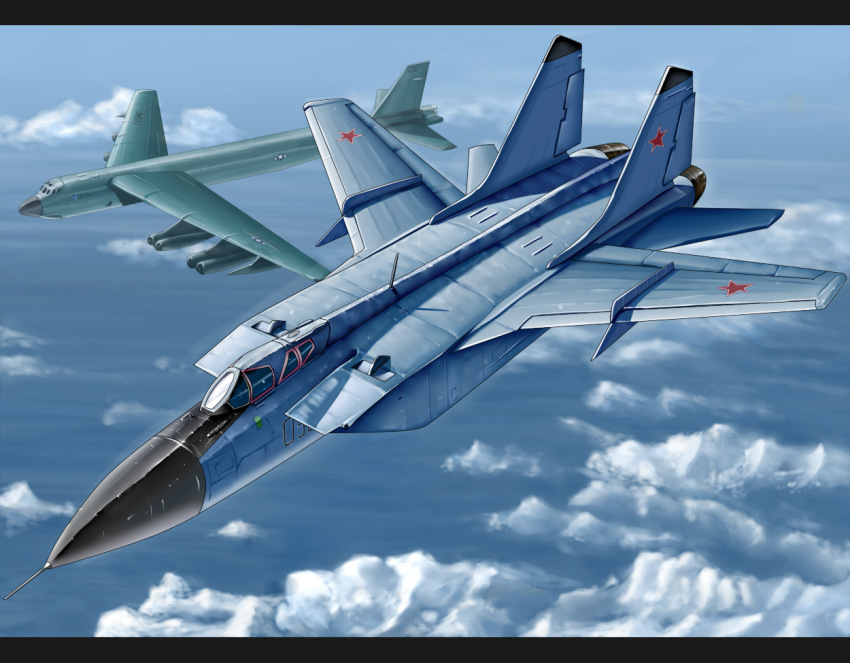 aircraft airplane b-52_stratofortress black_border bomber border cloud cloudy_sky fighter_jet flying kcme mig-31 military military_vehicle original sky soviet_air_force united_states_air_force vehicle_focus
