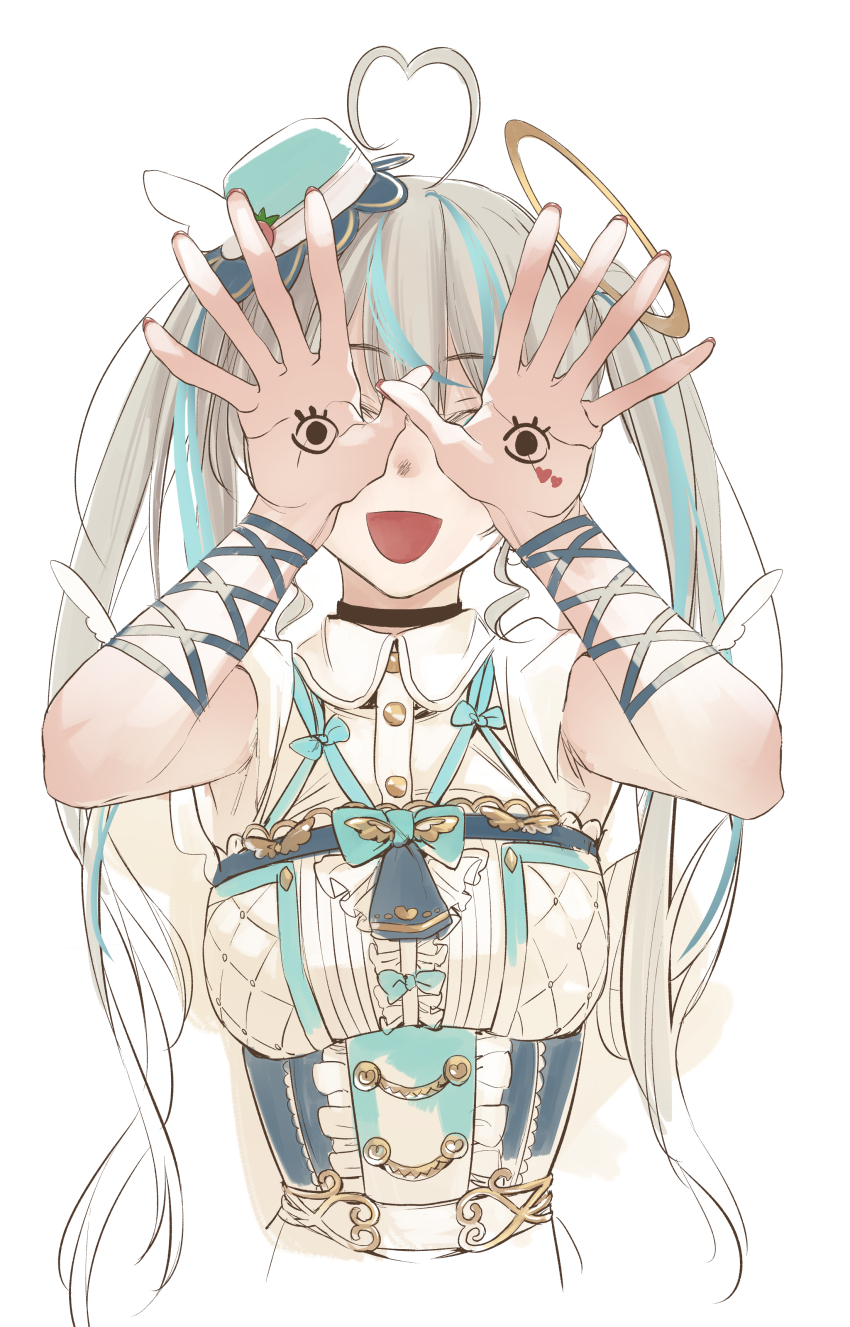 1girl absurdres ahoge amau_syrup arm_wrap black_choker blue_hair breasts brown_hair center_frills choker collared_shirt commentary_request corset covering_own_eyes cropped_torso eye_in_palm facing_viewer frills halo hands_up hat heart heart_ahoge highres ikuhana_niiro indie_virtual_youtuber long_hair medium_breasts mini_hat multicolored_hair open_mouth pale_man pan&#039;s_labyrinth parody shirt simple_background smile solo streaked_hair tilted_headwear twintails underbust upper_body virtual_youtuber white_background white_shirt