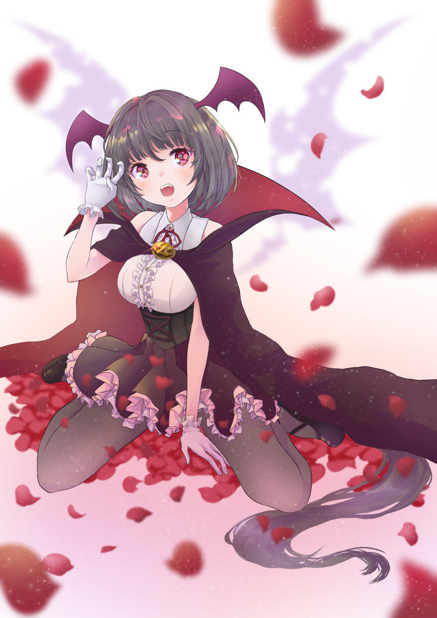 1girl absurdres arm_support bare_shoulders black_cloak black_footwear black_hair bow bowtie cloak corset cosplay dracula dracula_(cosplay) dress fang frilled_skirt frills hatanaka_marie highres ima-no-tsurugi_(tenka_hyakken) long_hair open_mouth paw_pose petals red_cloak red_eyes rose_petals sitting skirt sleeveless sleeveless_dress tenka_hyakken very_long_hair wariza
