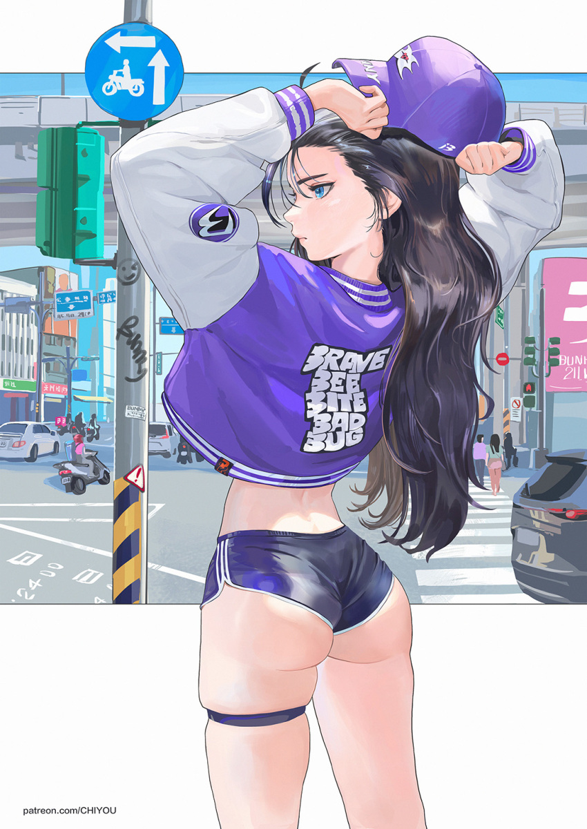 amatiz arms_up ass baseball_cap black_hair blue_eyes blue_shorts car dolphin_shorts from_behind hat highres jacket letterman_jacket long_hair looking_to_the_side micro_shorts motor_vehicle motorcycle original outdoors purple_hat road road_sign scenery shorts sign signpost street thigh_strap