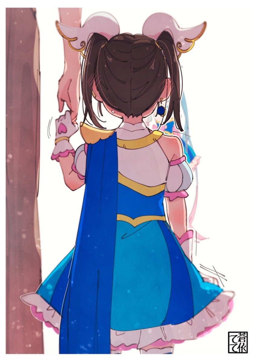 1other 2girls aoi_tete artist_name blue_cape blue_dress blue_hair blurry blurry_background brown_hair cape commentary cosplay cure_sky cure_sky_(cosplay) detached_sleeves dress earclip earrings frilled_dress frills from_behind gloves hair_ornament hair_tie highres hirogaru_sky!_precure holding_hands jewelry long_hair looking_at_another magical_girl motion_lines multiple_girls parent_and_child pink_hair precure puffy_detached_sleeves puffy_sleeves short_dress short_hair short_twintails signature single_earring sleeveless sleeveless_dress sora_harewataru twintails very_long_hair white_gloves wing_hair_ornament