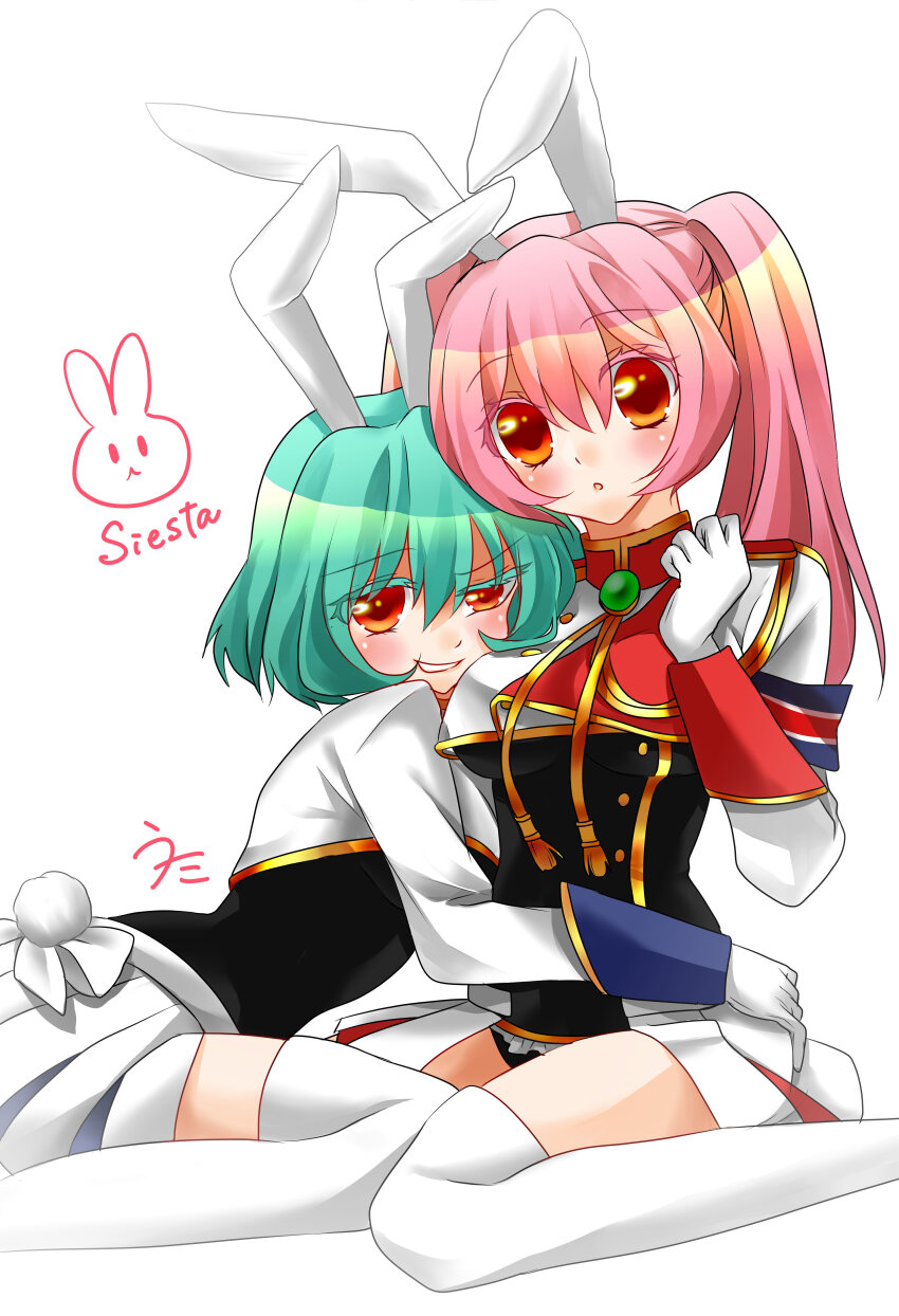 1866alliance absurdres amulet animal_ears blush breasts chiester410 chiester45 chiester_sisters clenched_hand green_hair highres looking_at_viewer medium_breasts medium_hair military_uniform open_clothes open_skirt pink_hair pleated_skirt rabbit_ears rabbit_tail red_eyes short_hair skirt smile tail thighhighs twintails umineko_no_naku_koro_ni