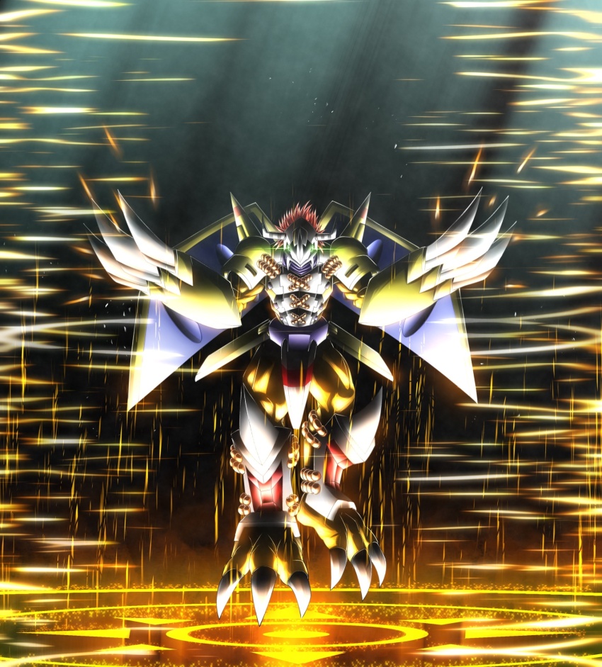 1boy a10thunderboit armor black_background claw_(weapon) colored_skin digimon digimon_(creature) digimon_adventure:_(2020) dragon full_body gauntlets glowing glowing_eyes green_eyes helmet highres male_focus orange_skin red_hair short_hair solo wargreymon weapon yellow_armor