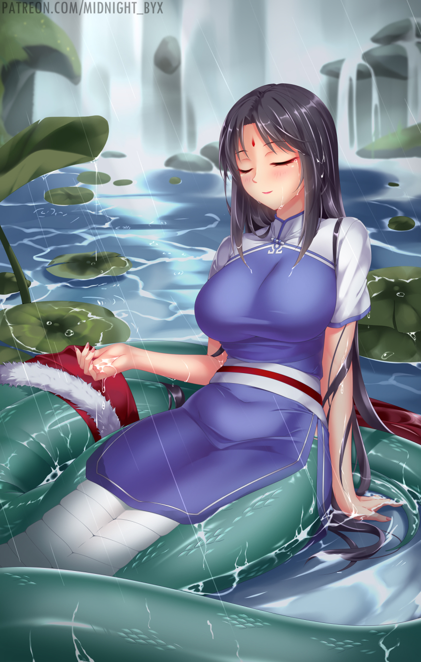 1girl black_hair blue_dress blush breasts china_dress chinese_clothes dress facial_mark flower forehead_mark highres lamia large_breasts lily_pad long_hair lotus midnight_(banyex) monster_girl patreon_username ribbon sitting smile solo water watermark web_address xianjian_qixia_zhuan zhao_linger