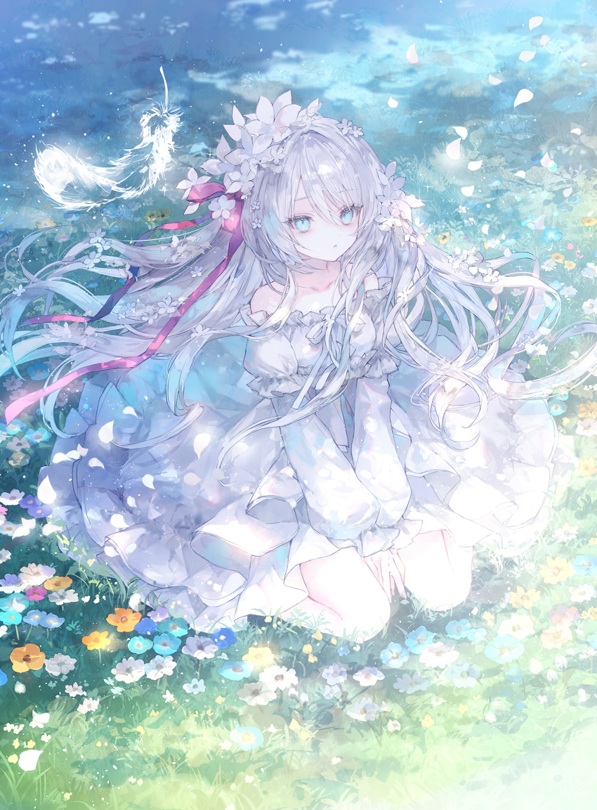 1girl bare_shoulders blue_eyes collarbone commentary commentary_request day dress english_commentary flower frilled_dress frills full_body grass grey_hair hair_ribbon highres long_hair long_sleeves off-shoulder_dress off_shoulder onineko original outdoors parted_lips red_ribbon ribbon sitting solo very_long_hair white_dress
