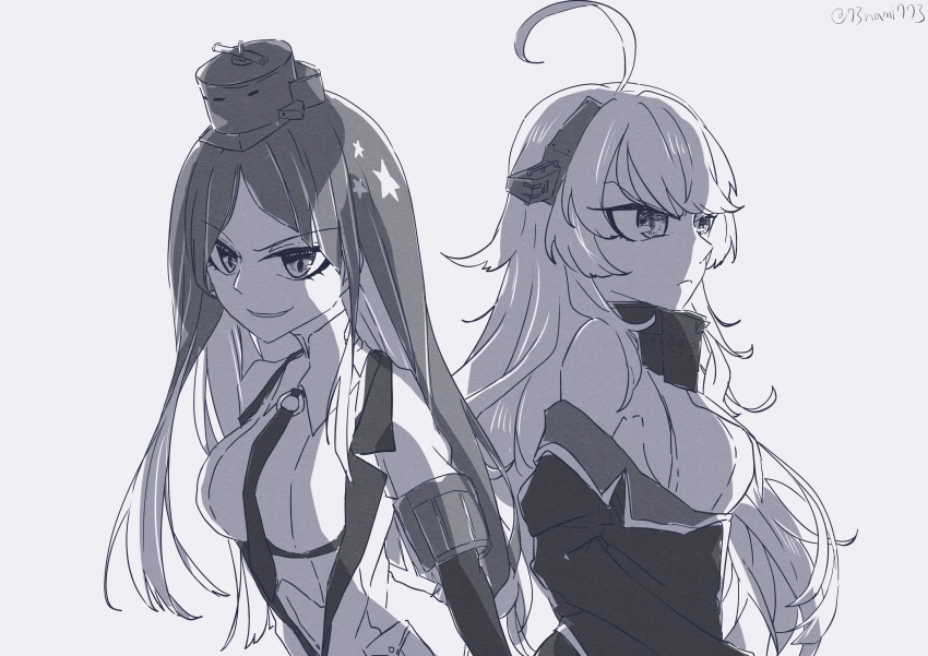 2girls absurdres ahoge bare_shoulders crop_top dress_shirt greyscale headgear highres jacket kantai_collection long_hair monochrome multicolored_hair multiple_girls nami_nami_(belphegor-5812) necktie off_shoulder open_clothes open_jacket shirt sleeveless sleeveless_shirt south_dakota_(kancolle) star_(symbol) washington_(kancolle)