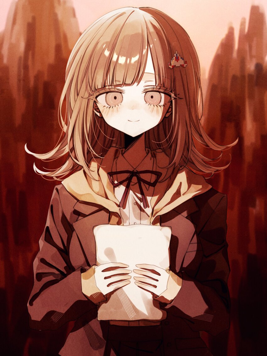 1girl absurdres brown_hair brown_jacket collared_shirt danganronpa_(series) danganronpa_3_(anime) day flipped_hair hair_ornament highres holding holding_paper hope&#039;s_peak_academy_school_uniform jacket long_sleeves medium_hair nanami_chiaki neck_ribbon open_clothes open_jacket paper red_ribbon ribbon school_uniform shirt smile spaceship_hair_ornament white_shirt