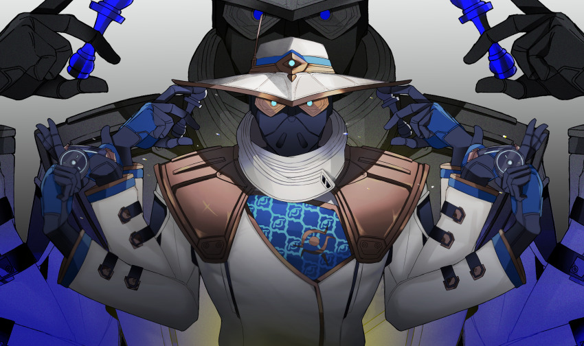 1boy blue_eyes chess_piece cypher_(valorant) extra_arms hat highres holding holding_chess_piece jacket looking_at_viewer male_focus mask nanana_(syoki0916) straight-on upper_body valorant white_hat white_jacket zoom_layer
