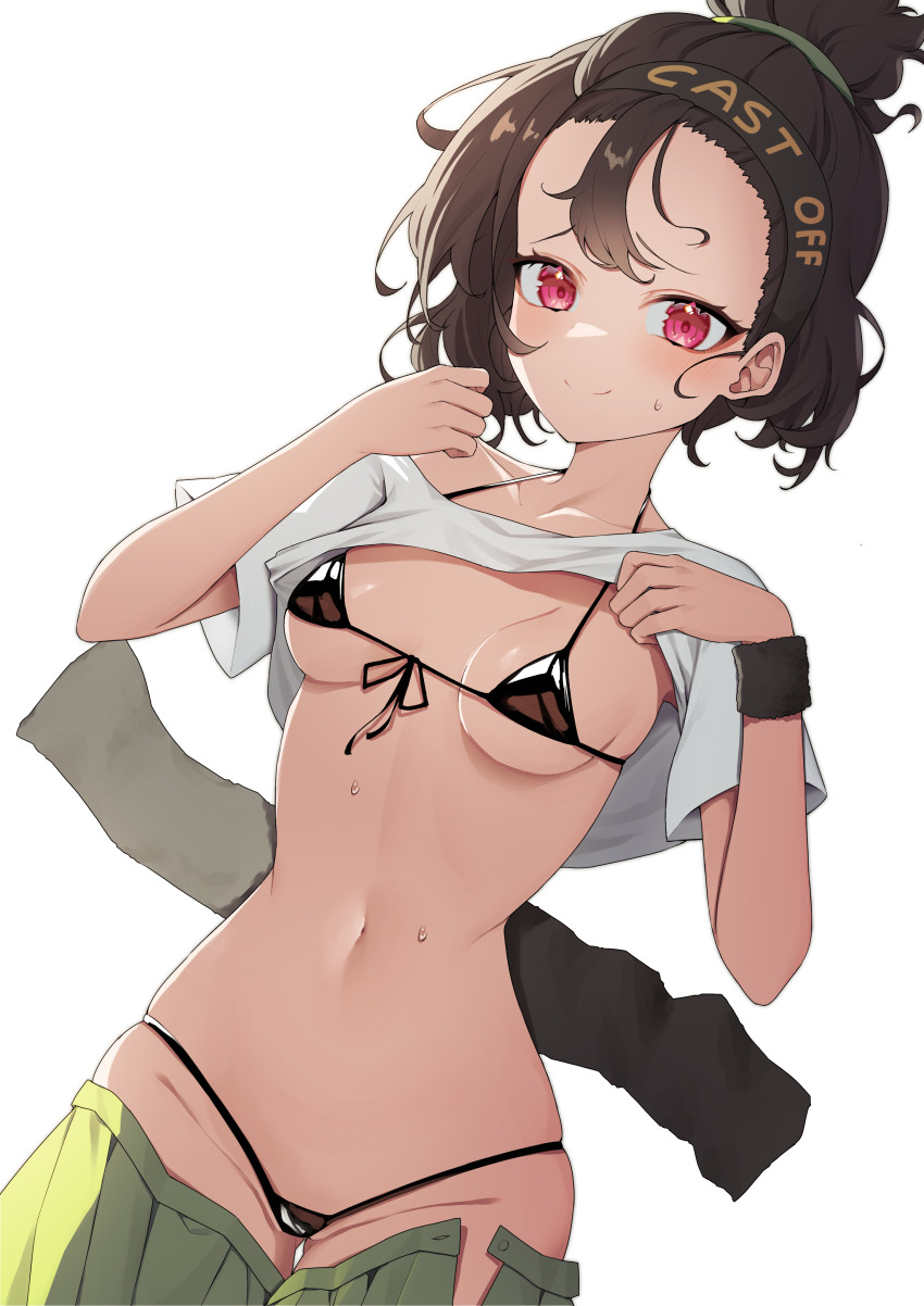 1girl absurdres azur_lane bikini black_bikini black_headband breasts brown_hair closed_mouth clothes_lift commission cooper_(azur_lane) cooper_(blazing_tennis_battle)_(azur_lane) front-tie_bikini_top front-tie_top gluteal_fold green_skirt hair_bun headband highres jinggun medium_breasts navel official_alternate_costume pixiv_commission red_eyes shirt shirt_lift short_hair simple_background skirt smile solo stomach sweatdrop swimsuit thigh_gap white_background white_shirt