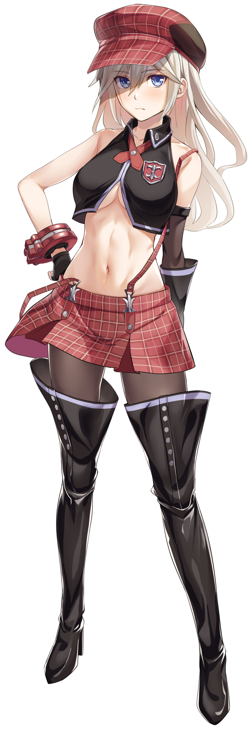 1girl absurdres alisa_ilinichina_amiella arm_behind_back arm_warmers bare_shoulders black_boots black_gloves black_pantyhose black_vest blue_eyes boots bracer breasts cabbie_hat closed_mouth collarbone collared_vest commentary cropped_vest elbow_gloves fingerless_gloves full_body gloves god_eater god_eater_burst grey_hair hair_between_eyes hand_on_own_hip hat high_heel_boots high_heels highres long_hair looking_at_viewer medium_breasts navel neck_ribbon noshiro_tomoya pantyhose plaid_clothes plaid_skirt red_hat red_ribbon red_skirt ribbon sidelocks simple_background single_arm_warmer single_elbow_glove skirt solo standing stomach suspender_skirt suspenders suspenders_slip tachi-e thigh_boots toned toned_female underboob vest white_background
