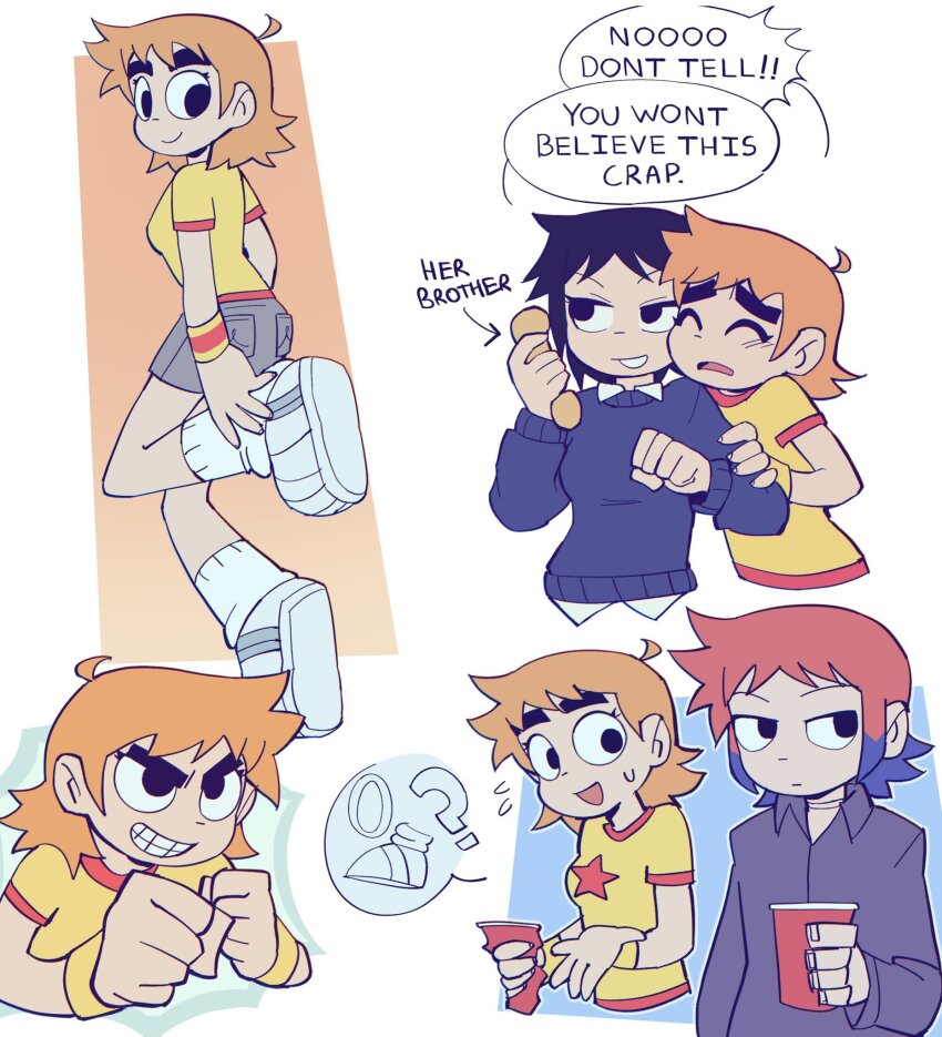 1boy 2girls ? black_eyes black_hair blue_hair blue_pepe blue_sweater breasts closed_mouth collared_shirt commentary cup disposable_cup english_commentary english_text fighting_stance genderswap genderswap_(ftm) genderswap_(mtf) grey_shirt grey_shorts highres holding holding_cup holding_phone looking_at_another looking_at_viewer multicolored_hair multiple_girls open_mouth orange_hair phone pink_hair ramona_flowers ring_(sonic) scott_pilgrim scott_pilgrim_(series) shirt shoes short_hair shorts smile socks sonic_(series) sweater thick_eyebrows two-tone_hair two-tone_shirt two-tone_wristband wallace_wells white_footwear white_shirt white_socks wristband yellow_shirt