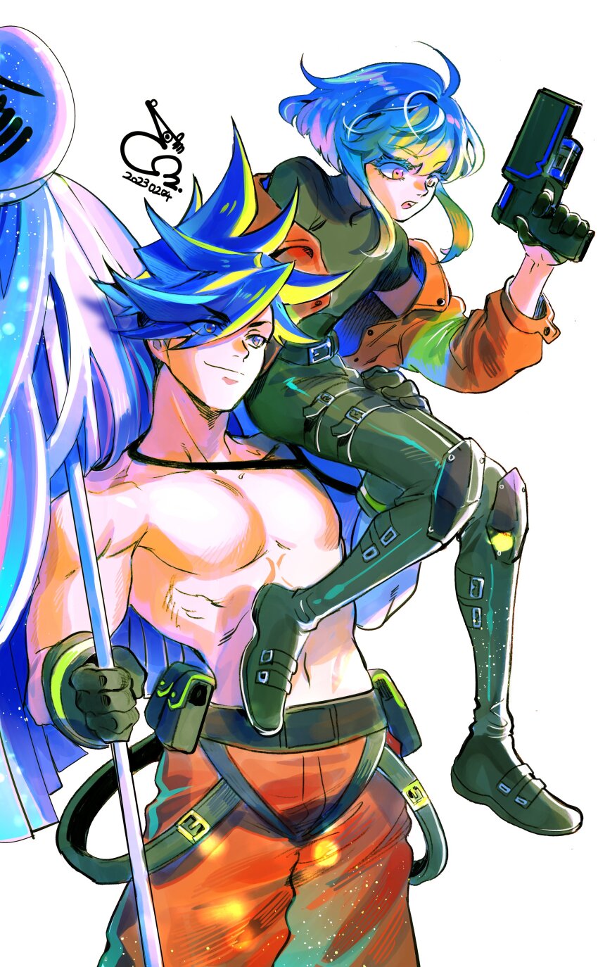 2boys absurdres bae_(baebae) belt belt_pouch black_belt black_footwear black_gloves black_pants black_shirt blue_eyes blue_hair carrying carrying_person chest_harness couple cowboy_shot full_body galo_thymos gloves green_hair gun hand_on_another&#039;s_leg harness highres holding holding_gun holding_pole holding_weapon jacket leather leather_pants lio_fotia looking_ahead looking_down male_focus matoi mohawk multiple_boys off_shoulder open_mouth orange_jacket orange_pants pants pole pouch promare purple_eyes shirt short_hair short_hair_with_long_locks sidelocks simple_background single_bare_shoulder sitting_on_shoulder smile spiked_hair toned toned_male turtleneck weapon white_background yaoi