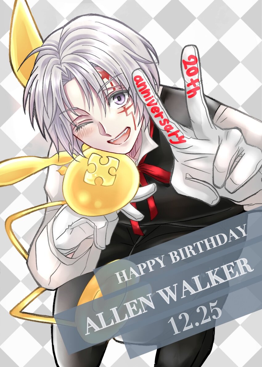 1boy ahoge allen_walker black_pants black_vest blush checkered_background collared_shirt creature creature_on_hand d.gray-man facial_mark gloves golem_(d.gray-man) hair_between_eyes happy_anniversary happy_birthday highres looking_at_viewer one_eye_closed open_mouth pants purple_eyes red_ribbon ribbon shirt sitting smile solo star_(symbol) star_facial_mark tail timcanpy v vest white_gloves white_hair white_shirt wings yu_chocochip