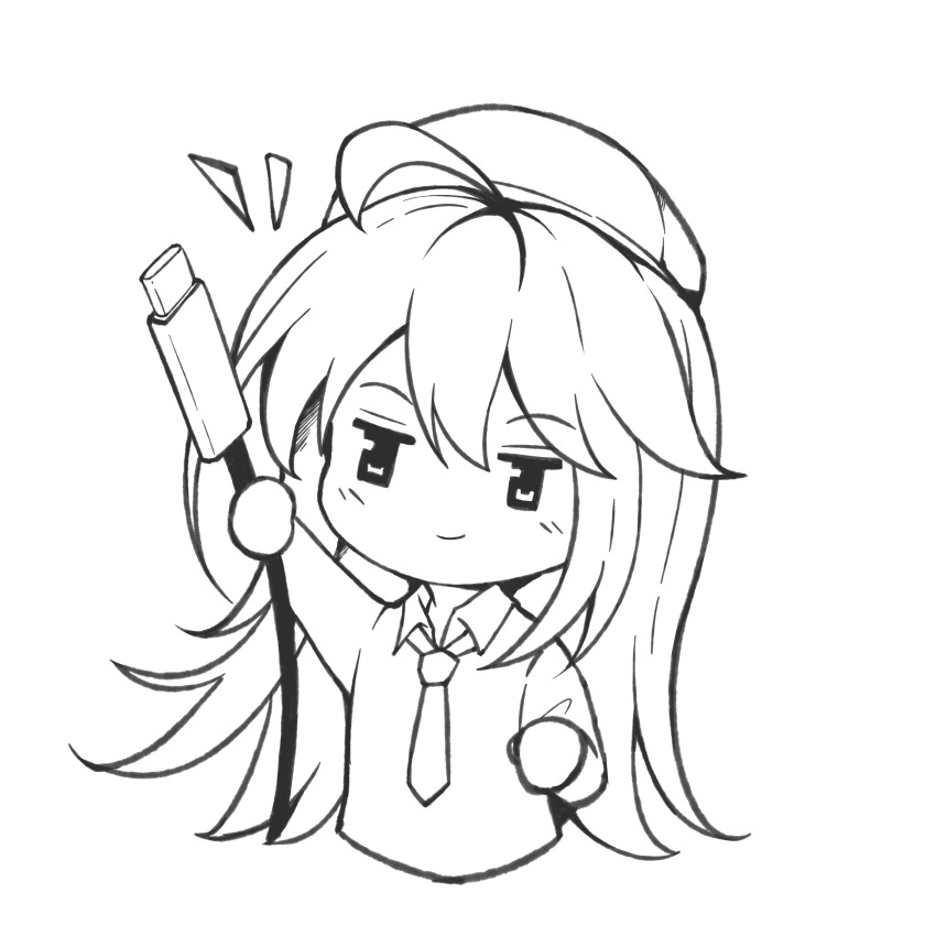 1girl absurdres ahoge beret cable chibi chibi_only closed_mouth collared_shirt cropped_torso greyscale hat highres holding holding_cable long_hair long_sleeves mitsuki_yuki monochrome moondrop necktie official_art shirt simple_background smile solo usb