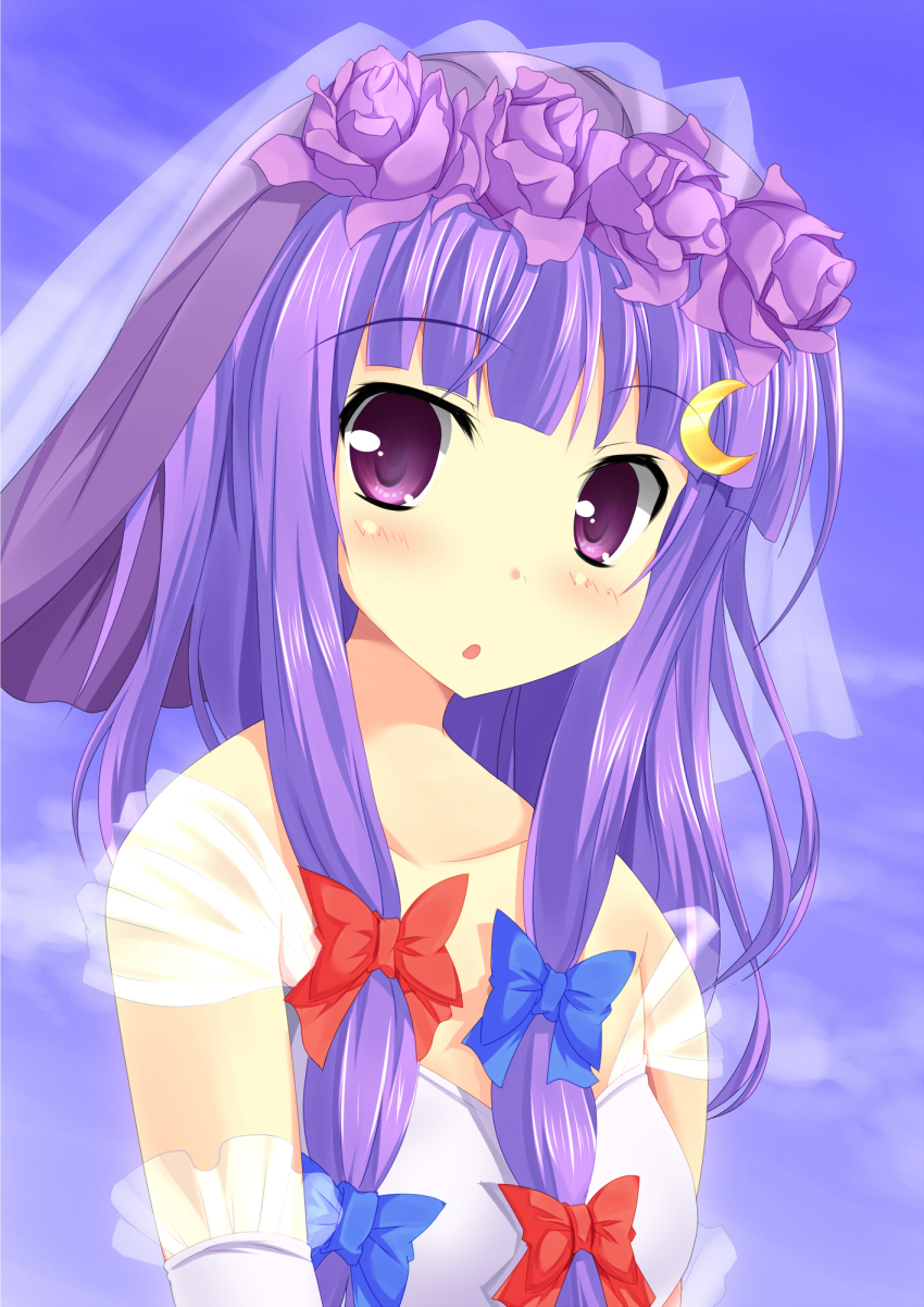 1girl alternate_costume blunt_bangs blush bow breasts bridal_veil commentary_request cookie_(touhou) crescent crescent_hair_ornament dress flower hair_bow hair_flower hair_ornament highres long_hair looking_at_viewer medium_breasts multi-tied_hair open_mouth patchouli_knowledge purple_eyes purple_flower purple_hair red_bow solo szk taisa_(cookie) touhou upper_body veil wedding_dress