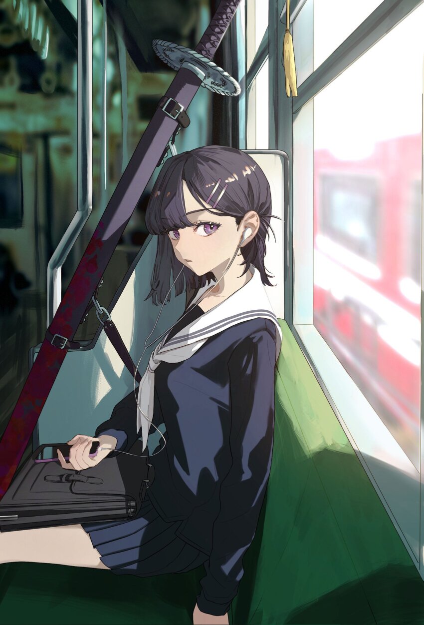 1girl bag black_hair blue_serafuku blue_skirt blurry blurry_background cellphone commission earbuds earphones hair_ornament hairclip highres listening_to_music medium_hair neckerchief ootachi original parted_bangs parted_lips phone pleated_skirt purple_eyes sawatani_(_swt2) school_bag school_uniform serafuku sheath sheathed sitting skirt smartphone solo tassel train_interior white_neckerchief