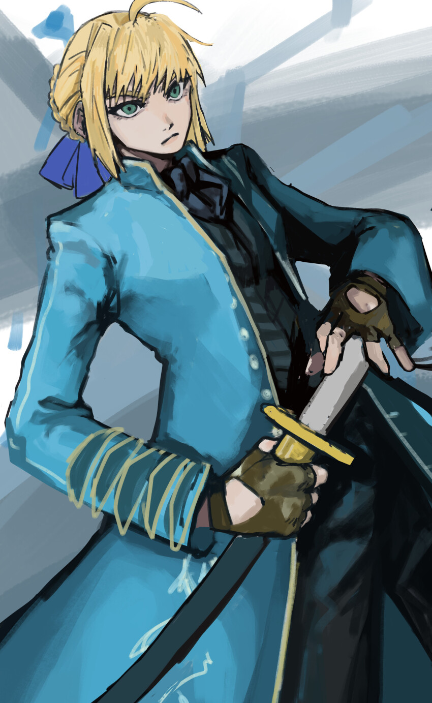 1girl absurdres artoria_pendragon_(fate) blonde_hair blue_coat brenzo14783 coat cosplay fate/stay_night fate_(series) highres holding holding_sword holding_weapon katana saber_(fate) sketch solo sword unfinished vergil_(devil_may_cry) vergil_(devil_may_cry)_(cosplay) weapon