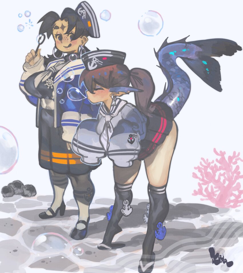 2girls ^_^ absurdres alternate_costume anchor_ornament anchor_print animal_ears bent_over black_hair black_serafuku black_shoes black_skirt black_socks blowing_bubbles blue_eyes blue_eyeshadow blue_jacket blue_serafuku blue_shirt blush borrowed_character breasts brown_hair bubble bubble_wand closed_eyes coral curtained_hair earrings eyeshadow facial_mark fins fish_tail flip-flops forehead_mark freckles full_body furrowed_brow garlic_(keziedra) hat head_fins high_heels highres holding holding_wand hoop_earrings jacket jewelry keziedra kneehighs large_breasts long_sleeves looking_back low_twintails makeup mary_janes medium_skirt miniskirt multiple_girls neckerchief nigiri_(karu) no_sclera original parted_bangs pleated_skirt ponytail profile puffy_long_sleeves puffy_sleeves sailor_collar sailor_hat sandals school_uniform serafuku shirt shoes skirt sleeves_past_fingers sleeves_past_wrists smile socks standing star_(symbol) star_facial_mark tail tiptoes tongue tongue_out triangle_earrings twintails wand white_neckerchief white_sailor_collar white_socks
