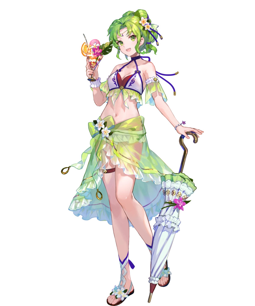 1girl alternate_costume bare_shoulders bikini breasts cleavage cup drinking_glass drinking_straw feet female_focus fire_emblem fire_emblem:_the_sacred_stones fire_emblem_heroes flower full_body fuzichoco green_eyes green_hair hair_ornament highres holding holding_cup holding_umbrella ice_cream_cup l&#039;arachel_(fire_emblem) l&#039;arachel_(summer)_(fire_emblem) legs long_hair looking_at_viewer matching_hair/eyes medium_breasts midriff navel nintendo non-web_source official_alternate_costume official_art sandals sarong smile solo standing stomach swimsuit toes transparent_background umbrella umbrella_flower