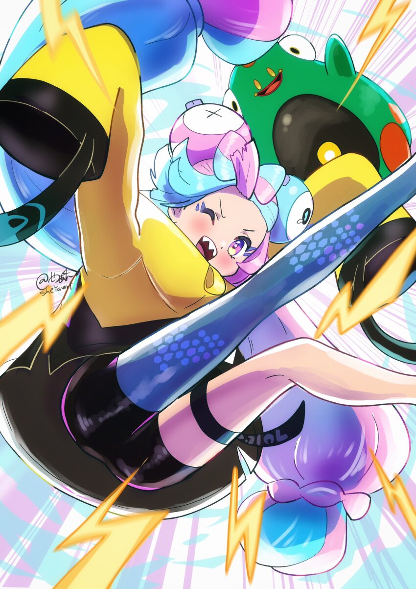 1girl ass bellibolt blue_hair bow-shaped_hair character_hair_ornament colored_skin fake_hair_bun floating_hair frog from_below green_skin grey_pantyhose hair_ornament hexagon_print highres iono_(pokemon) jacket long_hair looking_at_viewer low-tied_long_hair multicolored_hair nintendo one_eye_closed open_mouth pantyhose pink_hair pokemon pokemon_(creature) pokemon_sv sharp_teeth sheyona single_leg_pantyhose sleeves_past_fingers sleeves_past_wrists smile split-color_hair teeth very_long_sleeves yellow_jacket