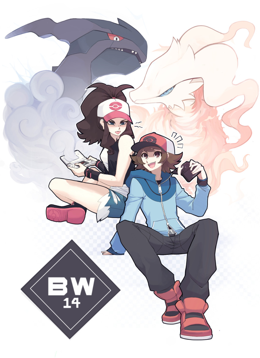 1boy 1girl anniversary antenna_hair baseball_cap blue_eyes blue_jacket brown_eyes brown_hair denim denim_shorts exposed_pocket gen_5_pokemon handheld_game_console hat highres hilbert_(pokemon) hilda_(pokemon) holding holding_handheld_game_console jacket legendary_pokemon looking_at_another nintendo nintendo_ds nuumigranate pokemon pokemon_(creature) pokemon_bw reshiram shorts sitting smile tongue tongue_out xtransceiver zekrom