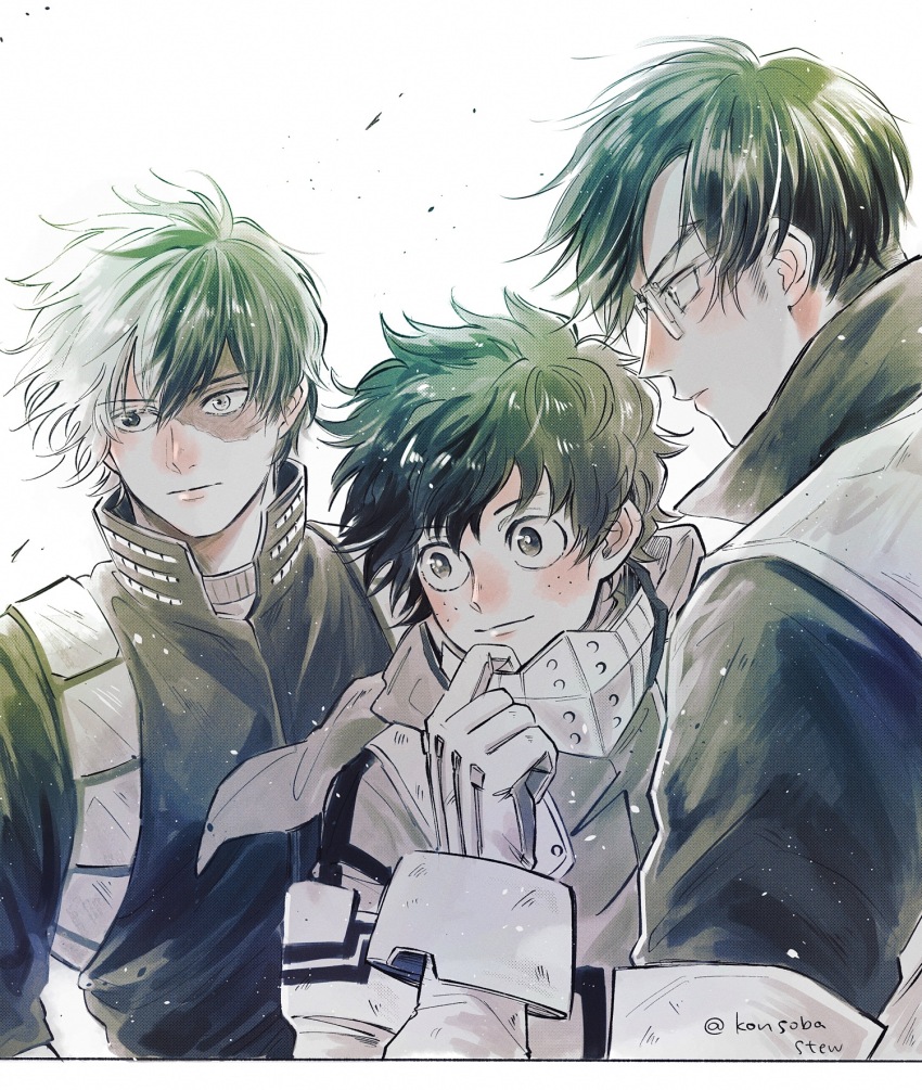 3boys boku_no_hero_academia closed_mouth freckles gloves heterochromia highres hood hood_down iida_tenya konsobastew long_sleeves male_focus midoriya_izuku monochrome multiple_boys rectangular_eyewear scar scar_on_face short_hair sideburns simple_background todoroki_shoto twitter_username upper_body