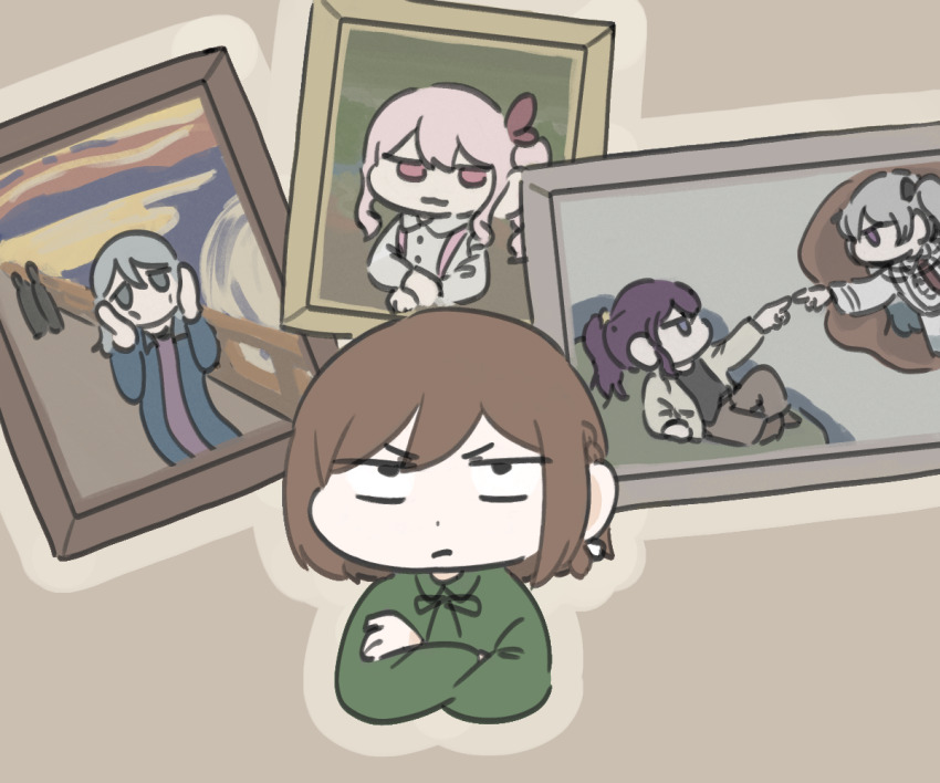 25-ji_miku 25-ji_nightcord_de._(project_sekai) akiyama_mizuki asahina_mafuyu black_shirt bridge brown_hair brown_pants commentary fine_art_parody frown green_shirt grey_eyes grey_hair hatsune_miku mona_lisa pants parody picture_frame pink_eyes pink_hair project_sekai purple_hair rolling_eyes sengang shinonome_ena shirt the_creation_of_adam the_scream vocaloid yoisaki_kanade