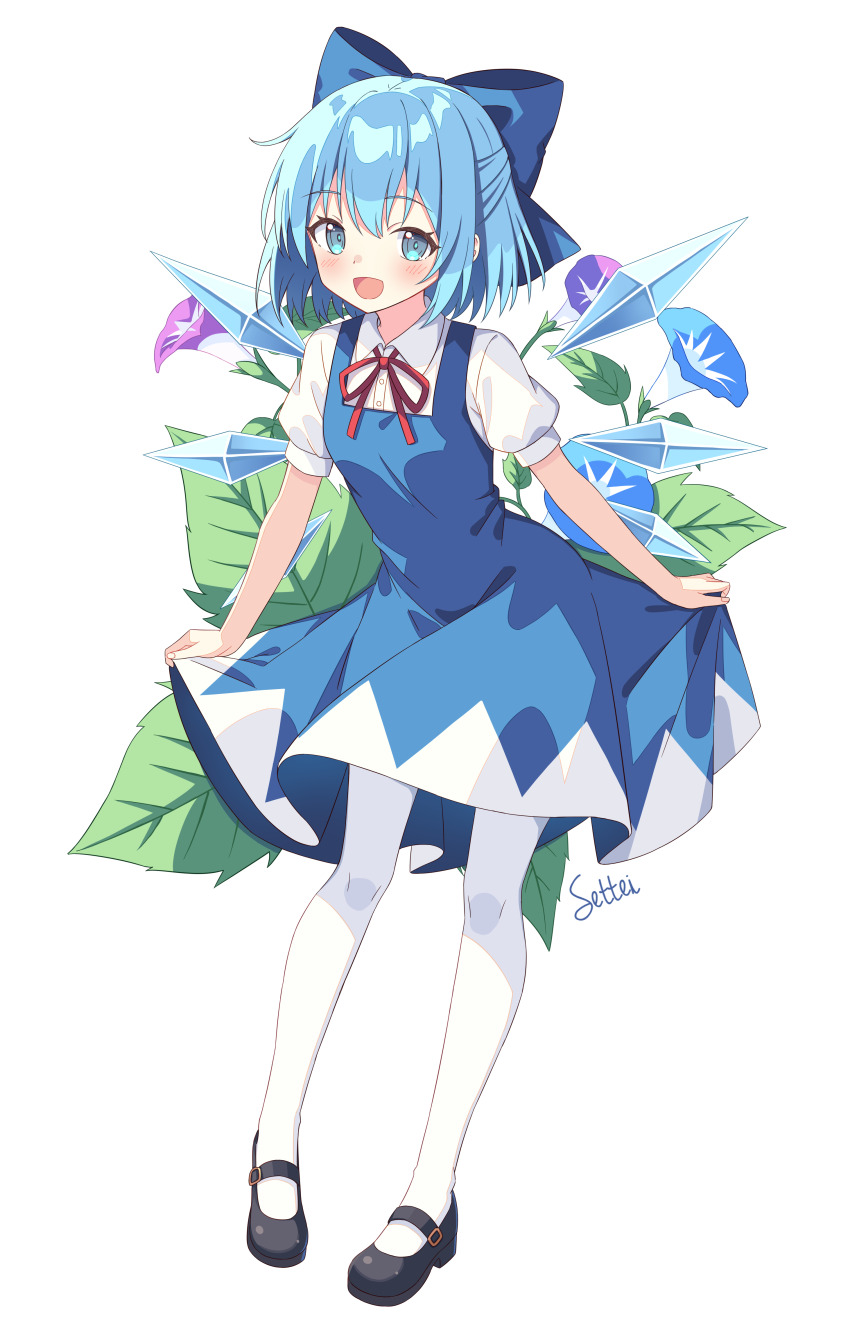 1girl absurdres artist_name black_shoes blue_bow blue_dress blue_eyes blue_flower blue_hair blush bow cirno collared_shirt commentary detached_wings dress flower full_body hair_bow highres ice ice_wings looking_at_viewer mary_janes morning_glory neck_ribbon open_mouth pantyhose puffy_short_sleeves puffy_sleeves purple_flower red_ribbon ribbon setteiset shirt shoes short_sleeves signature simple_background skirt_hold smile solo touhou white_background white_pantyhose white_shirt wings