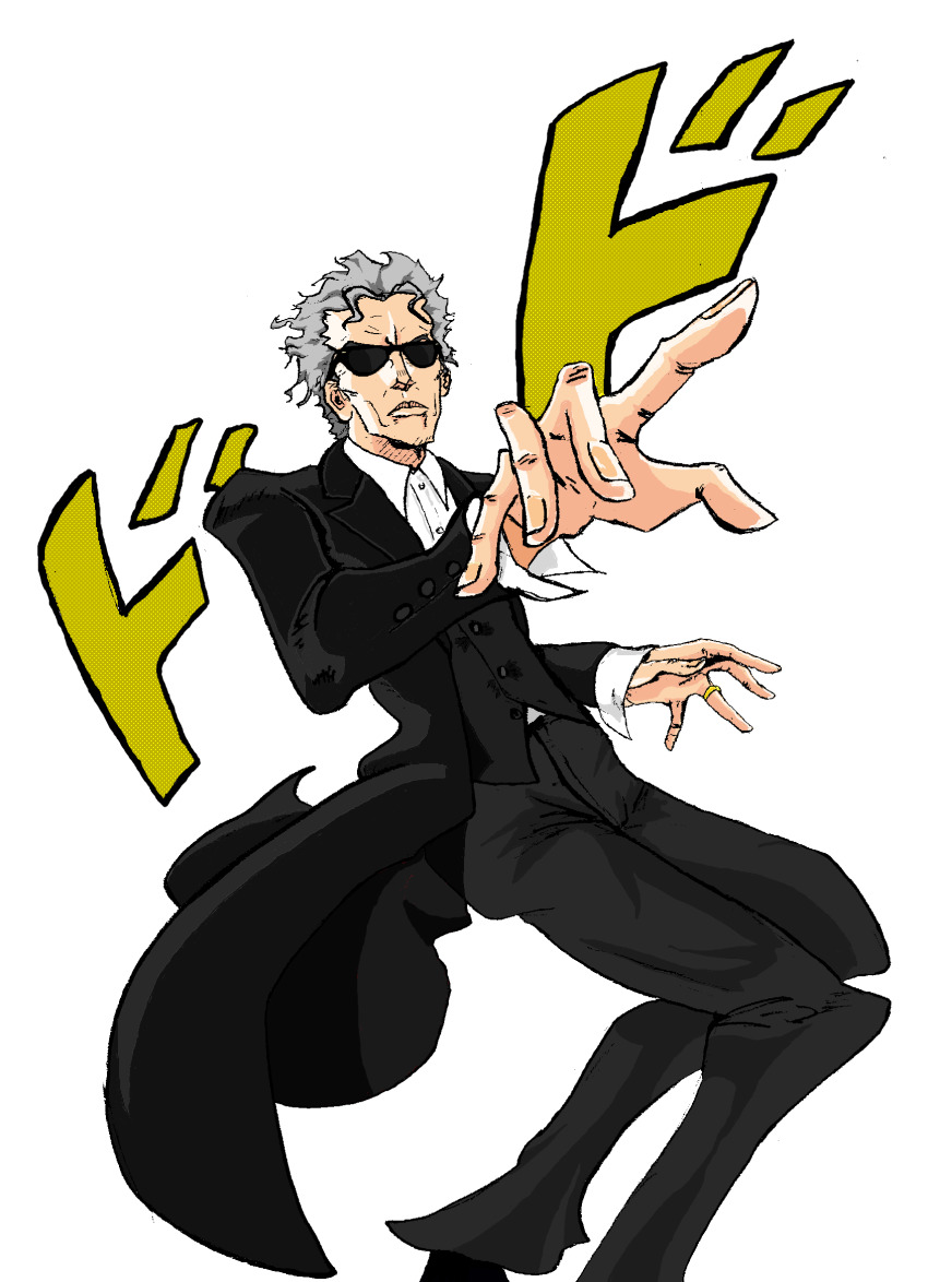 1boy araki_hirohiko_(style) black_coat coat crossover doctor_who highres jojo_no_kimyou_na_bouken jojo_pose male_focus meme shirt sunglasses text_focus the_doctor the_doctor_(doctor_who) twelfth_doctor twelfth_doctor_(doctor_who) white_hair